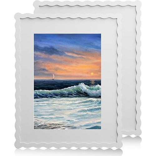 11x14 Wavy Picture Frame With Mat For 8x10, Wavy Edge Wooden Picture Frame with Real Glass - Wall Mount Display, White, 2 Pack