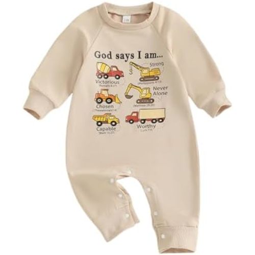 Newborn Baby Boy Fall Clothes Long Sleeve Construction Truck Print Jumpsuit Playsuit Infant One Piece Outfit 0-18M