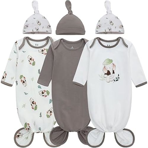 Miracle Baby Newborn Knotted Gown with Hat Set, 3 Pack Newborn Nightgowns, Baby Sleeper Gowns with Mitten Cuffs for Boys Girls 0-6 Months