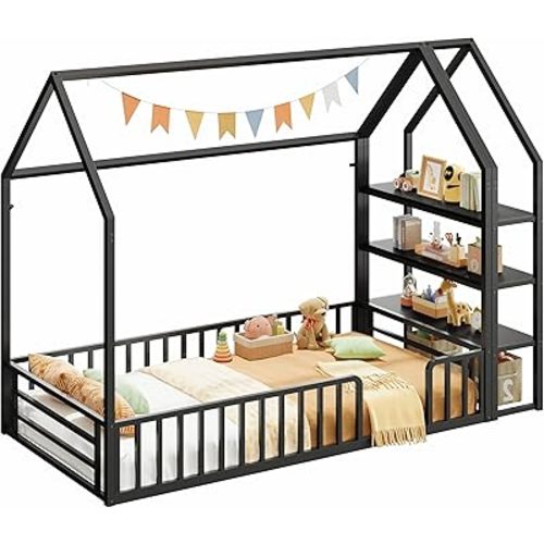 LIKIMIO Twin Bed Frame, Metal House Floor Bed Frame with Storage, Fence Guardrails, No Box Spring Needed, Space Saving for Bedroom and Dorm, Easy Assembly, Black