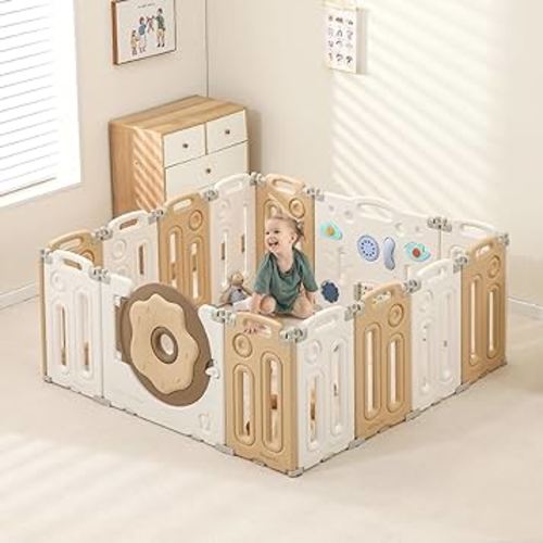 Foldable Playpen for Toddlers, Baby Fence with Game Panel and Safety Gate, Adjustable Play Pens, Portable Kids Play Yards for Indoor, 14 Panels