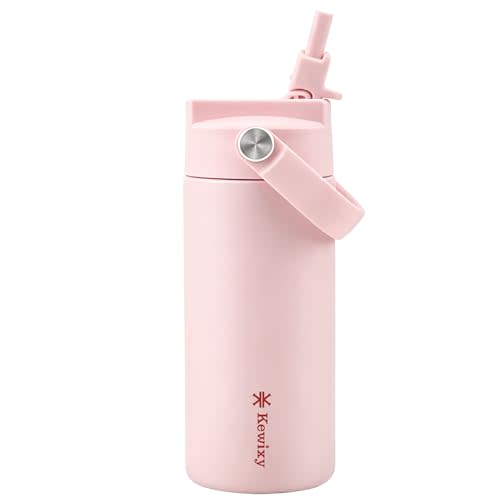 KEWIXY 14 oz Water Bottle with Straw, Easy Slide Lid, Leak Proof, Keep Cold 24H, Vacuum Insulated, Metal Stainless Steel with Handle for School, Candy Pink