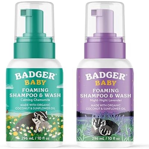 Badger Foaming Baby Shampoo and Body Wash, Gentle Organic Baby Wash Combo Pack, 1 Chamomile & 1 Lavender, Long Lasting Foam & Easy to Use Sustainable Bottle, 10 fl oz, 2-Pack