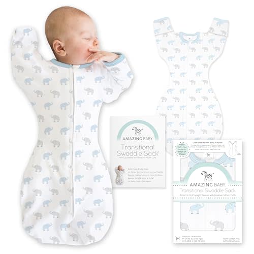 Amazing Baby Transitional Swaddle Sack, Cotton, Tiny Elephants Blue, 0-3mo | Arms Up Half-length Sleeve Partially Suppress Moro reflex, Most Gradual Transition Swaddle for Newborn, Safe for Rolling Baby