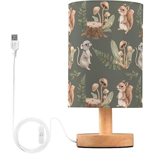 Table Lamp with Squirrel Mouse Stump Fern Mushroom Forest Animal Pattern - Wood Base Fabric Shade Nightstand for Living Room Bedroom Kids Room Office