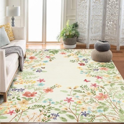 Washable Beige Floral 9x12 Rugs for Bedroom, Non-Slip Living Room Area Rug, Cute Nursery Large Botanical Area Rug, Soft Floor Carpet for Playroom