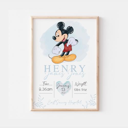 Personalised Mickey Nouse Disney Birth Print, Mickey Mouse Nursery Decor, Mickey wall Art Print, Kids Room Keep Sake, Mickey Mouse Gifts
