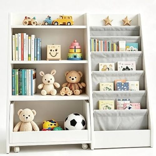 Kids Bookshelf and Toy Storage, 4 Tier Toddler Book Shelf with Movable Drawer, Baby Bookshelf for Nursery, Kids Toy Storage Organizer, Book Organizer for Kids Room, Bookcase for Classroom and Playroom