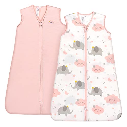 TILLYOU 2 Pack Infant Sleep Sack 0-6 Months 100% Cotton Wearable Blanket 0.5 TOG Sleeveless Summer Sleep Sacks with 2-Way Zipper, Pink Elephant & Cloud