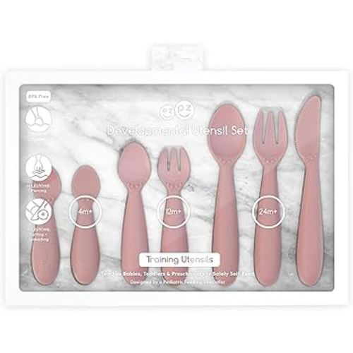 ezpz Developmental Utensil Set (Blush) - 100% BPA Free Fork, Spoon, Knife for Babies, Toddlers and Preschool - First Foods + Self-Feeding - Designed by a Pediatric Feeding Specialist