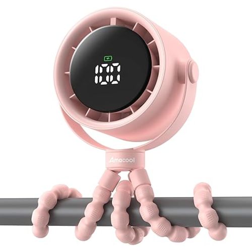 AMACOOL Baby Stroller Fan, Rechargeable Portable Clip on Fan, 17H Cooling with 5 Speeds, LED Display, 360°Rotate Personal Cooling Fans for Car Seat, Crib, Travel, Camping, Gifts for New Parents