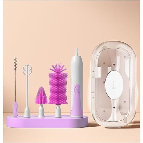 Electric Baby Bottle Travel Set with Automatic Spinning Brush, Straw Brush and Milk Frother, Suitable for Newborns (Purple)