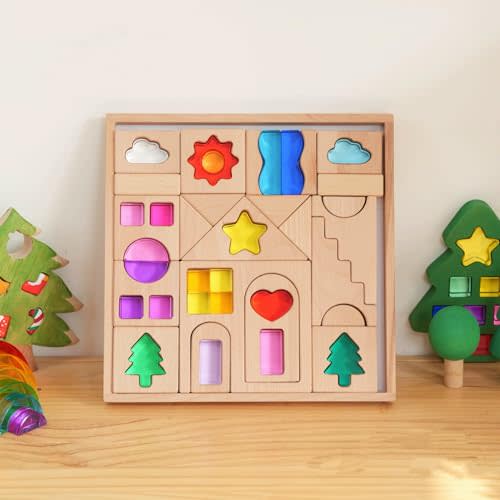 KOAICS 45PCS Wooden Acrylic Building Blocks Set with Tray, Include Colorful Acrylic Shapes Stars,Sun,Clouds, Trees, Heart, Educational Construction Toy for Kids (Farm House)