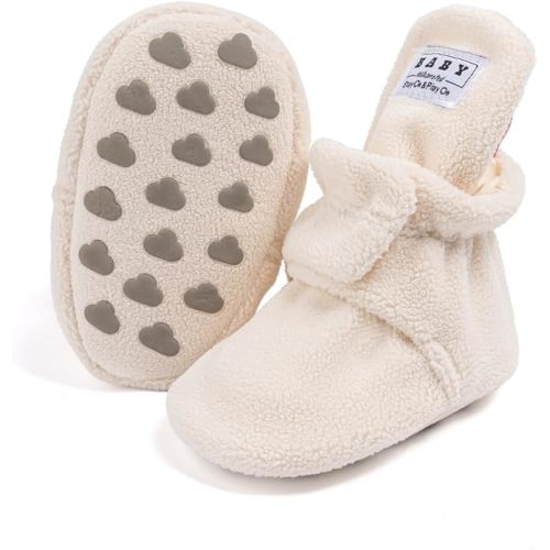 Babelvit Newborn Baby Boy Girl Soft Fleece Booties Stay On Infant Slippers Socks Shoe Non Skid Gripper Toddler First Walkers Winter Ankle Crib Shoes