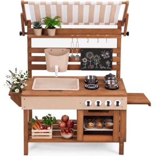 Best Choice Products Deluxe Wooden Outdoor Mud Kitchen for Kids w/ Canopy, Water Tank, Faucet & 11pc Accessories - Beige