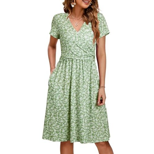 OUGES Maternity Nursing Dress Breastfeeding Short Sleeve V Neck Casual Pregnancy Clothes with Pockets