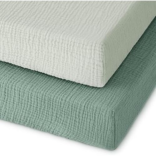 Muslin Pack and Play Sheets Fitted, 100% Cotton Mini Crib Sheets 2 Pack for Pack N Play Mattress, Stretchy Playard Sheet, Soft and Breathable Gradient Green