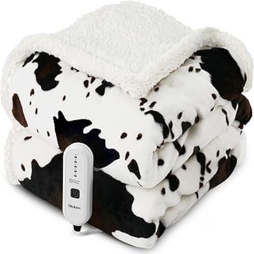Cow Print Heated Throw Blanket Electric Blanket-Heating Blanket Throw with 10 Heat Levels & 10 Hours Auto Off, Cozy Soft Fleece Sherpa, Washable, 50 x 60 Inches Cow Print White