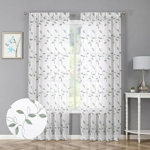 Sage Green Leaf Sheer Curtain Leaves Embroidered Living Room Curtains Rod Pocket Voile Window Treatment for Bedroom, 54 x 72 inches Long, Set of 2 Panels