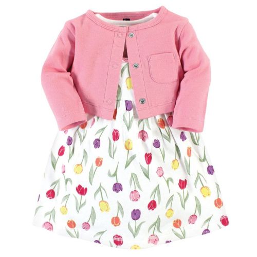 Hudson Baby Baby and Toddler Girl Cotton Dress and Cardigan Set, Spring Tulips, 0-3 Months