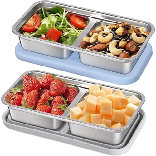 2 Pack 14 oz Stainless Steel Snack Containers with Lids, 2 Separated Compartment Metal Bento Box, Reusable Food Containers for Home, Travel, Outdoor, BPA-Free, Dishwasher Safe