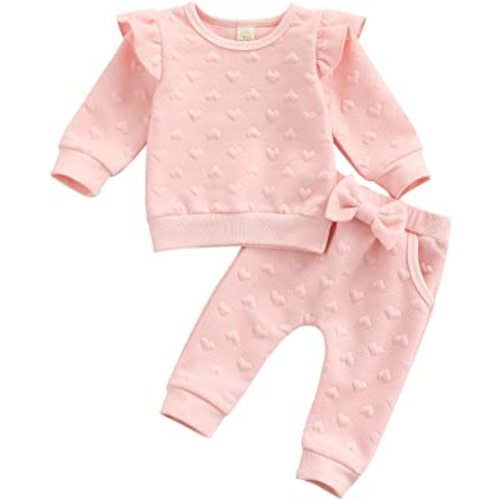 Ynibbim Valentine Baby Girl Clothes Set Ruffle Long Sleeve Sweatshirts Tops Pants Heart-Shape Printed Outfit