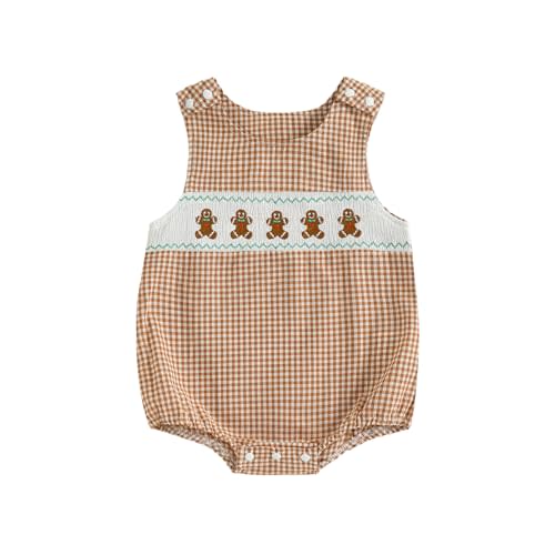 Newborn Baby Boy Christmas Outfit Embroidery Sleeveless Smocked Bubble Romper Plaid Overalls Bodysuit Winter Clothes
