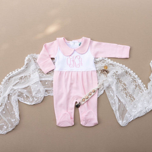 Monogrammed Baby Girl Pink Collared Bib Footie | Personalized Baby Coming Home Outfit | Embroidered Baby Gift Sleeper