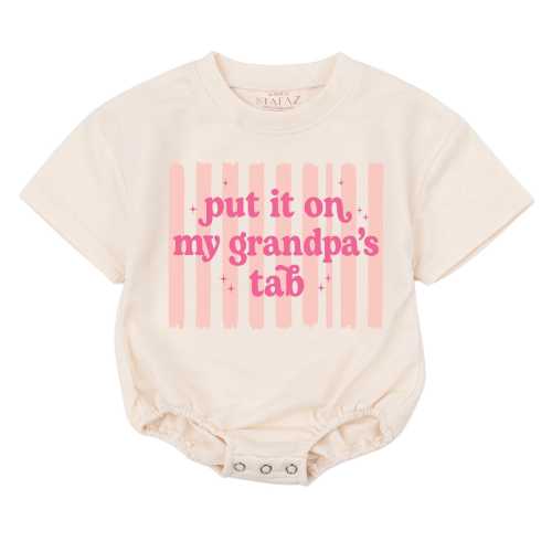 Put It On My Grandpa's Tab Baby Bubble Romper, Funny Pink Retro Bodysuit, Baby Girl Grandpa Outfit size 0-24M