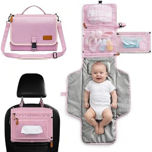 UBRAVOO Portable Diaper Changing Pad - Baby Diaper Changer Travel Bag with Wipes Pocket, Smart Design Portable Changing Mat, Infant Travel Station Kit, Gift for Newborn Girl & Boy (Pink)