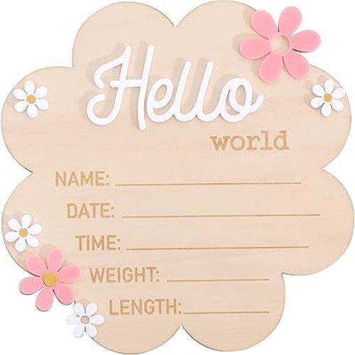 Hello World Newborn Sign - Wooden Baby Name Announcement Board, Daisy Design, Gender Neutral Nursery & Hospital Photo Props Keepsake Gift