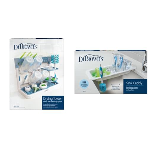 Dr. Brown's Baby Bottle Drying Tower, Stand-Up Drying Rack, Blue/White Sink Caddy for Baby Bottles & Parts with Two Brush Holders, Over the Sink Storage, Drying Rack, Organizer, BPA-Free