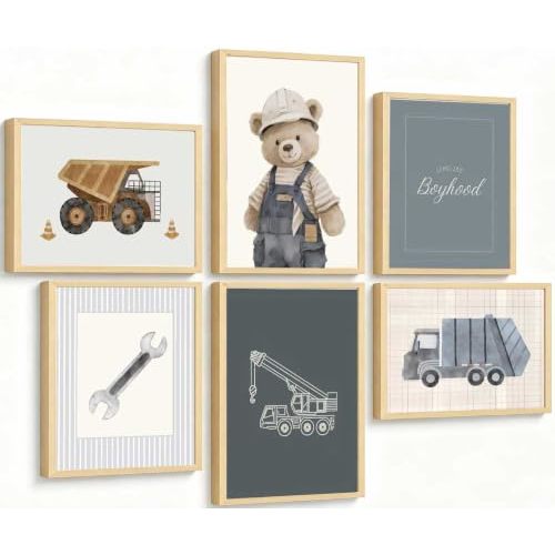 6Pcs Vintage Construction Truck Nursery Canvas Wall Art Funny Teddy Bear Posters Print Artwork Boys Room Painting Pictures Wall Decor for Bedroom Playroom Home Decoration 12x16in Unframed