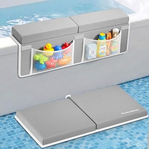 Bath Kneeler and Elbow Rest Pad Set-Baby Bath Kneeler with 1.5'' Comfortable Thick Memory Foam, Non-Slip Knee & Arm Support for Baby Bath Time,Foldable Bath Mat for Baby Storage Pockets
