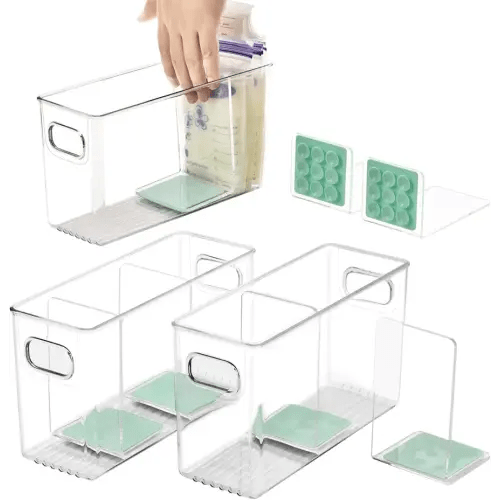Breastmilk Storage Container with L Shaped Dividers to Flatten Standing Breast Milk Bags in Organizer Bins Save Refrigerator Space | 2 Containers with Removable Separator Boards - Green