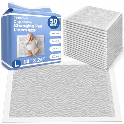 Jool Baby Disposable Changing Pad Liners for Baby (50 Count) Ultra-Absorbent Pee Pads to Protect Surfaces At Home or On the Go – Leakproof & Super Soft - Gray