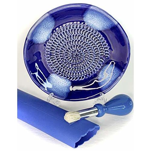 BonCera, All-in-one Premium Ceramic Garlic Grater Plate 4-Piece Set - Blue Cross Glazed Design and Style - For Garlic, Ginger, Chocolate, and more! - Comes with 5.25" Plate, Peeler, Brush, and Stand