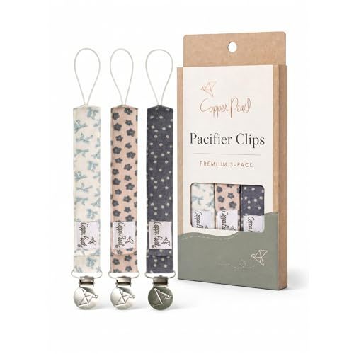 Copper Pearl 3-Pack Pacifier Holders: Premium Knit Binky Clips for Baby Girls and Boys - Stylish Stainless Steel Design for Secure No-Drop Attachment - Gemma in Tan