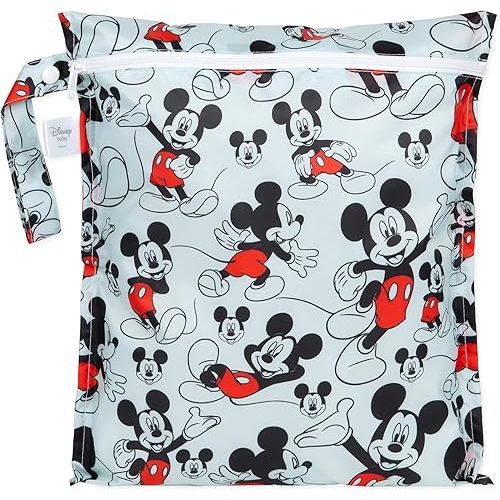 Bumkins Disney Waterproof Wet Bag for Baby, Travel, Swim Suit, Cloth Diapers, Pump Parts, Pool, Gym Clothes, Toiletry, Strap to Stroller, Daycare, Zipper Reusable Bag, Packing Pouch, Mickey Mouse