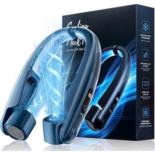 Portable Neck Fan with Cooling Plates, 6000mAh Rechargeable Wearable Fan with 1-100 Speed Control, Hands-Free Personal Cooling Fan with Digital Display, Adjustable Air Outlets for Travel Outdoor-Blue