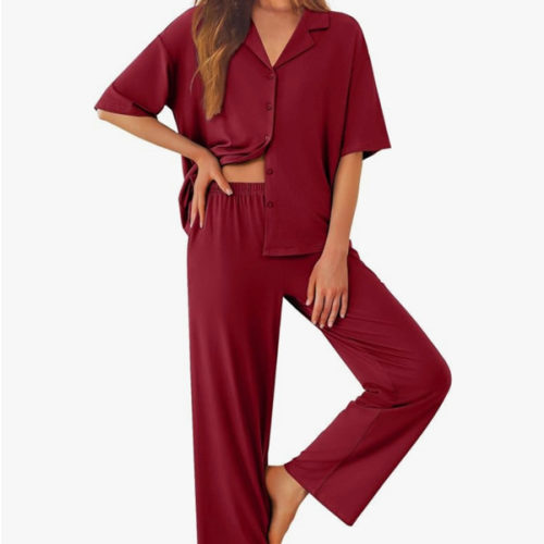 Ekouaer Women Pajamas Set Button Down Sleepwear Short Sleeve Pjs Soft Comfy Nightwear with Long Pants S-XXL
