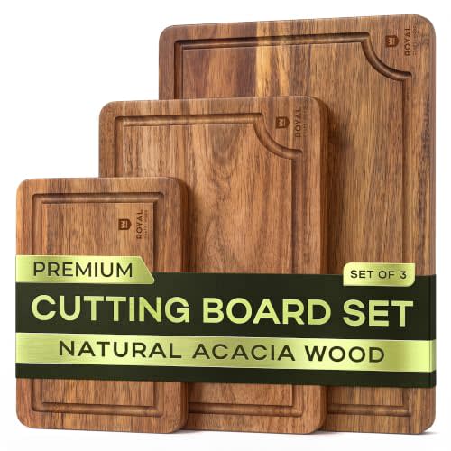 ROYAL CRAFT WOOD Wooden Cutting Boards for Kitchen Meal Prep & Serving - Bamboo Wood Serving Board Set with Deep Juice Groove Side Handles - Charcuterie & Chopping Butcher Block for Meat