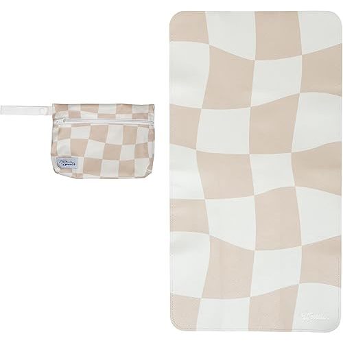 Vegan Leather Changing Mat with Reusable Waterproof Wet Bag - Non-Toxic, Portable Diaper Pad That Folds and Wipes Clean (16 x 30 Inches) (Checkered)