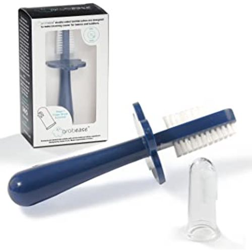 grabease Toddler Toothbrush - Double-Sided Soft Silicone Bristles & Anti-Choke Shield - Baby Toothbrush & Finger Brush for 12+ Months - Navy, 1 Count
