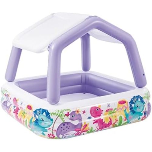 Intex 57470EP Sun Shade 5 Foot Square Inflatable Durable 10 Gauge Vinyl Kiddie Pool with Ocean Scene and Canopy for Ages 3 Years and Up, Multicolor