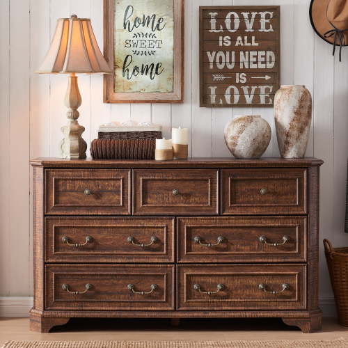 OKD Farmhouse 7 Drawers Dresser Chests for Bedroom, 54" Wide Wood Rustic Storage Cabinet for Living Room, Hallway, Brown