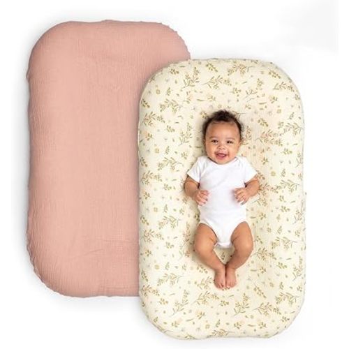 100% Muslin Cotton Baby Lounger Cover, Fits Most Infant Lounger-Pink Garden
