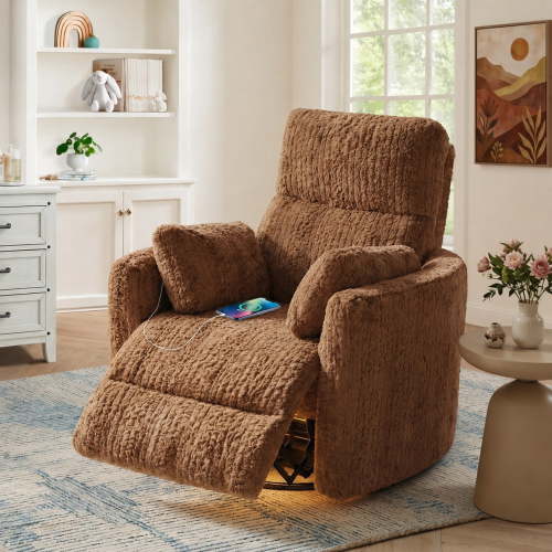 JULY'S SONG Power Swivel Nursery Rocking Chair, Fluffy Plush Rocker Recliner w/ 2 Pillows, USB and Type-C Ports, Large Nursery Chair with Night Light, Brown