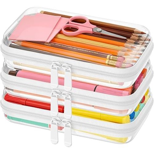 3PCS Clear Hard Shell Zipper Case,Toy Organizers and Storage Box,Clear Toiletry Cosmetic Case,Travel Makeup Bags, Diaper Bag Organizer,Pencil Case,Stackable Portable Transparent Zipper Pouches White-S