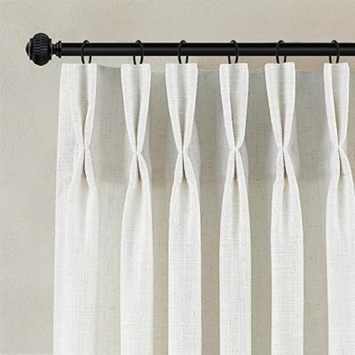 90 Inch Long Pleated Linen Curtains 2 Panels for Living Room Bedroom Thick Linen Drapes Pinch Pleat Beige White Ivory Cream Light Filtering Semi Sheer Privacy Curtain for Office Sliding Glass Doors